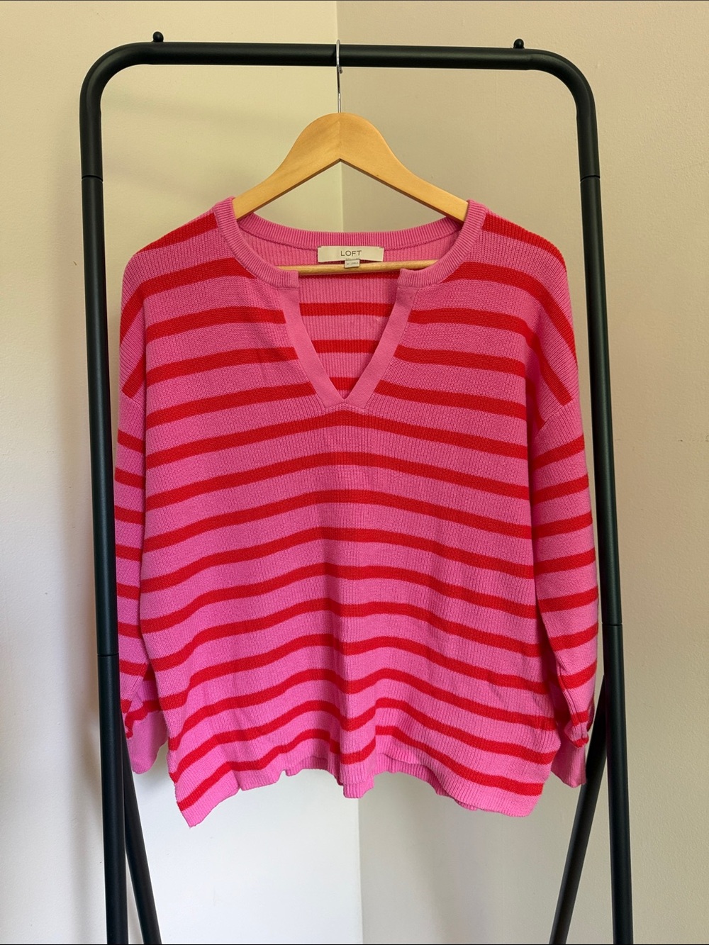 LOFT Pink & Red Striped V-Neck Pullover Sweater